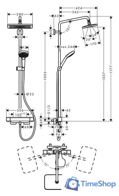 Душевая система  Hansgrohe Croma E Showerpipe 280 1jet 27630000 - Изображение №2 — Интернет-магазин Time-Shop