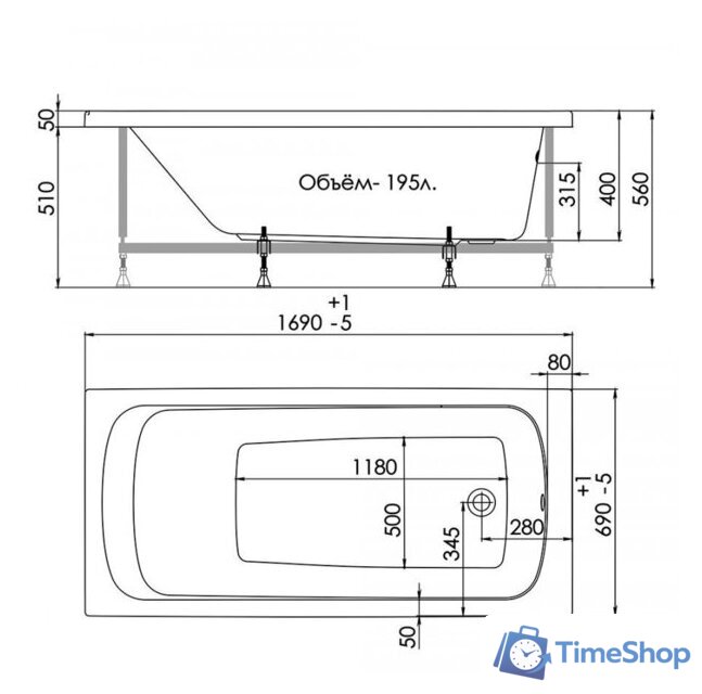 Ванна 1AcReal Gamma 170x70 (с каркасом) - Изображение №2 — Интернет-магазин Time-Shop
