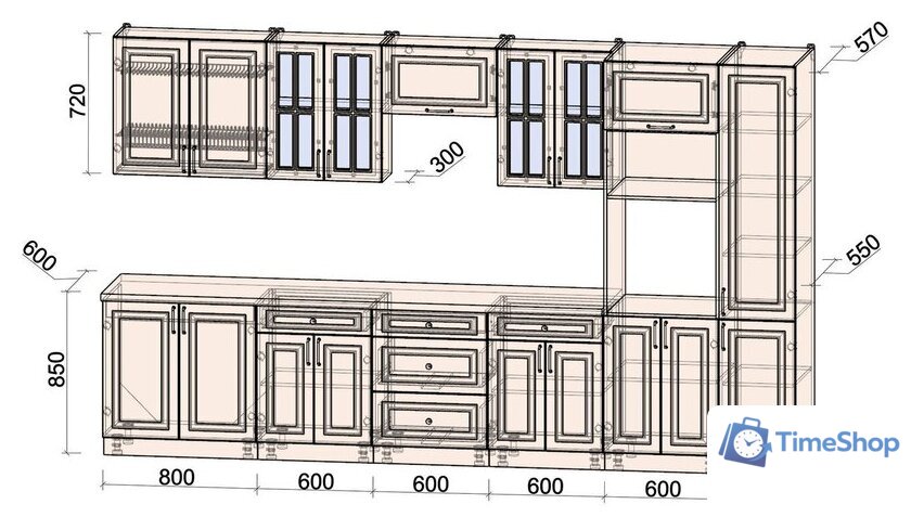 Готовая кухня Интерлиния Мила Шато 3.6В (мята/мята/дуб бунратти) - Изображение №6 — Интернет-магазин Time-Shop