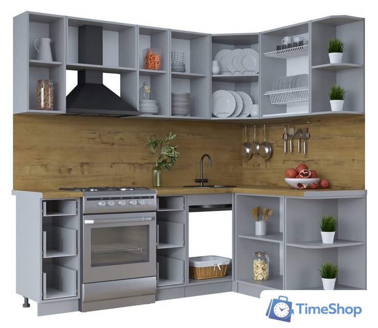 Готовая кухня Интерлиния Тренд 1.5x2.2 правая (луна/белый/серый каспий) - Изображение №3 — Интернет-магазин Time-Shop