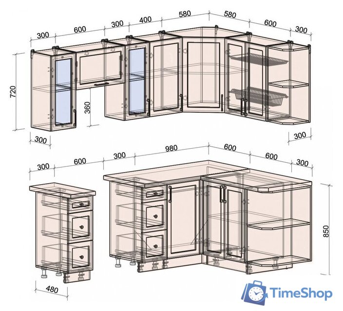 Готовая кухня Интерлиния Тренд 1.5x2.2 правая (луна/белый/серый каспий) - Изображение №6 — Интернет-магазин Time-Shop
