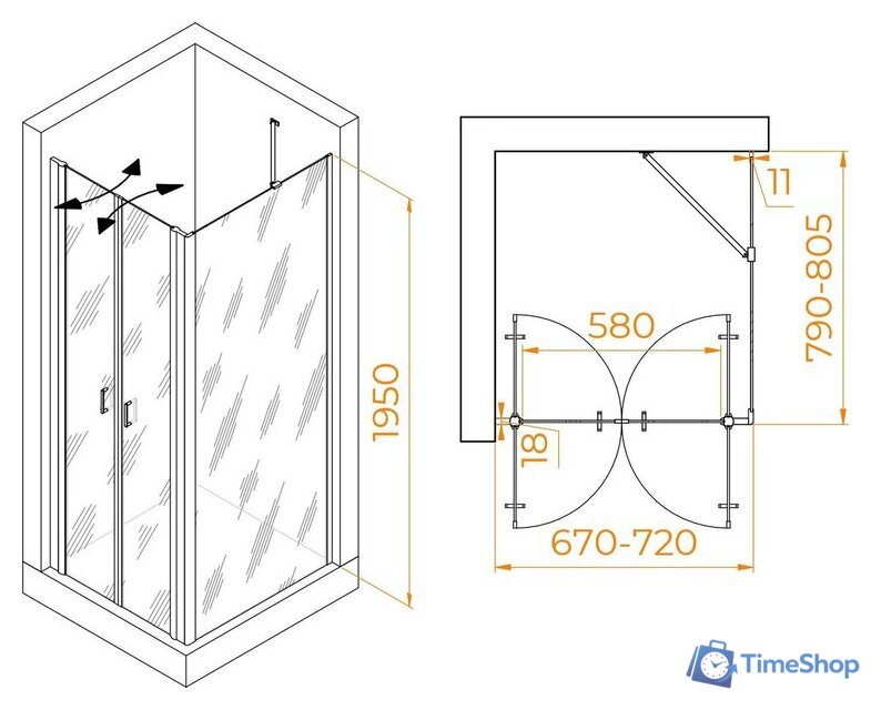 Душевой уголок RGW PA-144B (PA-104B+Z-050-2B+O-204B) 060814478-14 70x80 (черный/прозрачное стекло) - Изображение №2 — Интернет-магазин Time-Shop