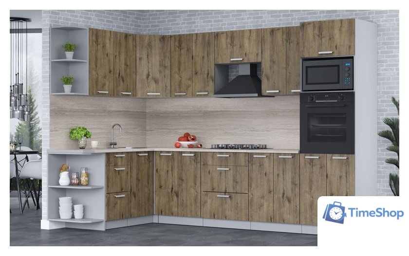 Готовая кухня Интерлиния Мила Лайт 1.68x3.0 левая (дуб веллингтон/дуб веллингтон/травертин серый) - Изображение №3 — Интернет-магазин Time-Shop