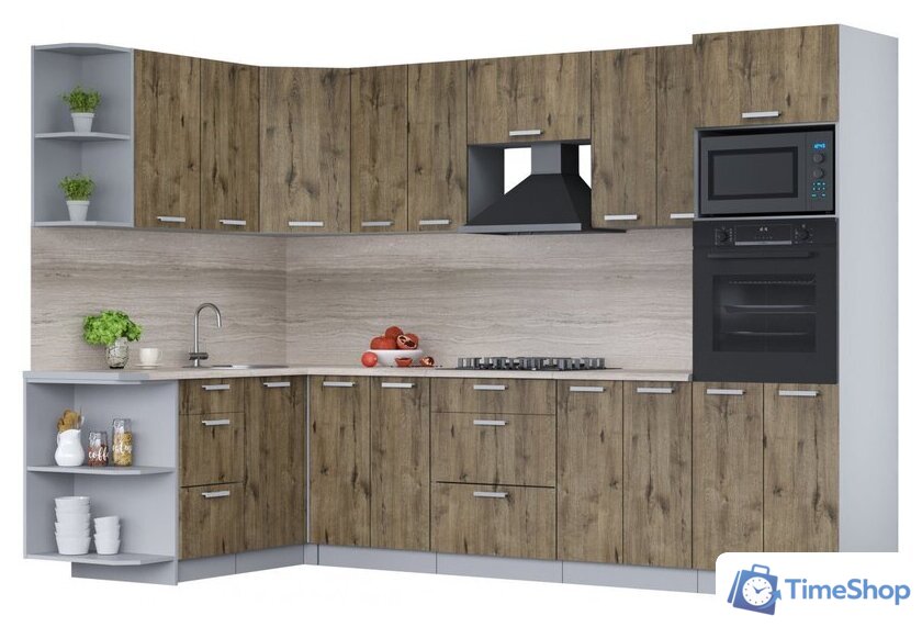Готовая кухня Интерлиния Мила Лайт 1.68x3.0 левая (дуб веллингтон/дуб веллингтон/травертин серый) - Изображение №1 — Интернет-магазин Time-Shop