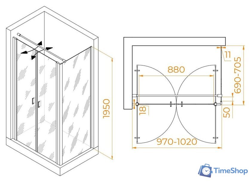 Душевой уголок RGW PA-144 (PA-104+Z-050-2+O-104) 060814407-011 100x70 (хром/прозрачное стекло) - Изображение №2 — Интернет-магазин Time-Shop