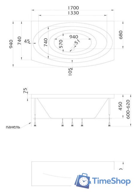 Ванна 1Марка Nega 170x94 (с каркасом и экраном) - Изображение №2 — Интернет-магазин Time-Shop