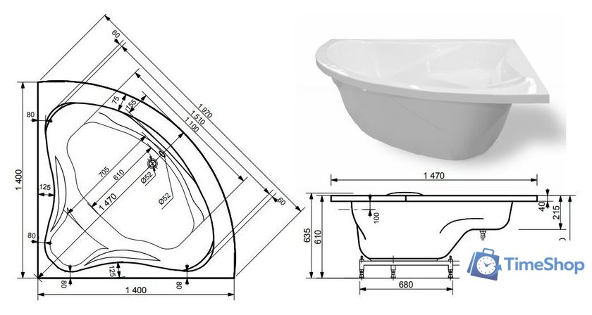 Ванна Эстет Аврора 140x140 - Изображение №4 — Интернет-магазин Time-Shop