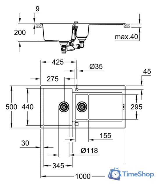 Кухонная мойка Grohe K500 60-C 100/50 1.5 31646AP0 (черный гранит) - Изображение №2 — Интернет-магазин Time-Shop