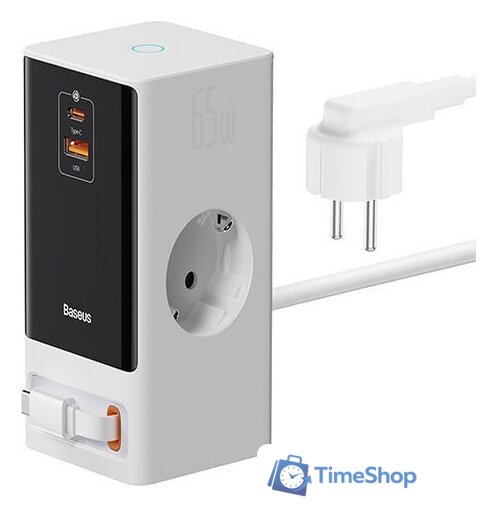 Сетевое зарядное Baseus PowerCombo Digital PowerStrip 2AC+1U+1C+Retractable-C 65W PSLR000602 (белый) - Изображение №1 — Интернет-магазин Time-Shop