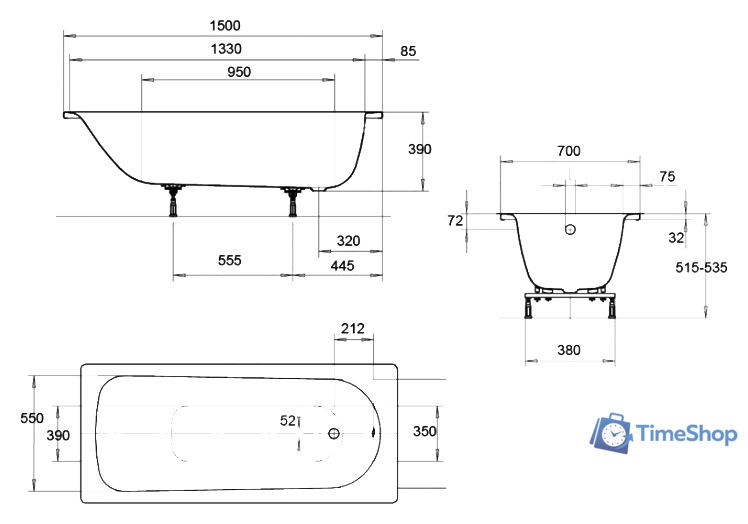 Ванна Kaldewei Eurowa 150x70 (с ножками) - Изображение №3 — Интернет-магазин Time-Shop