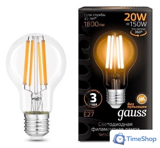 Светодиодная лампочка Gauss Filament А60 20W 1800lm 2700К Е27 102902120 - Изображение №1 — Интернет-магазин Time-Shop