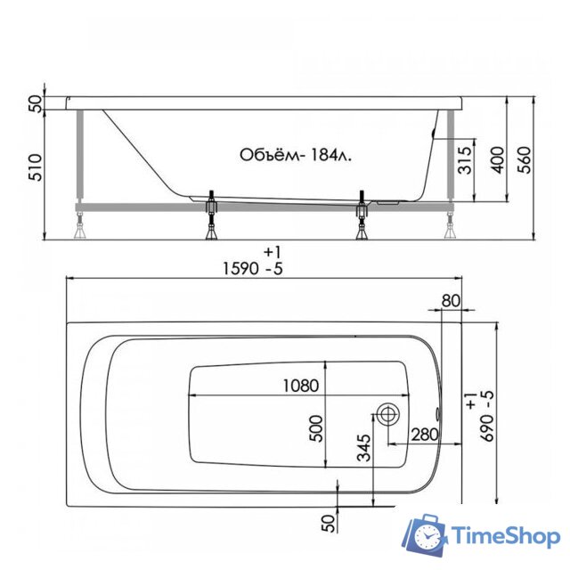 Ванна 1AcReal Gamma 160x70 (с ножками и экраном) - Изображение №2 — Интернет-магазин Time-Shop