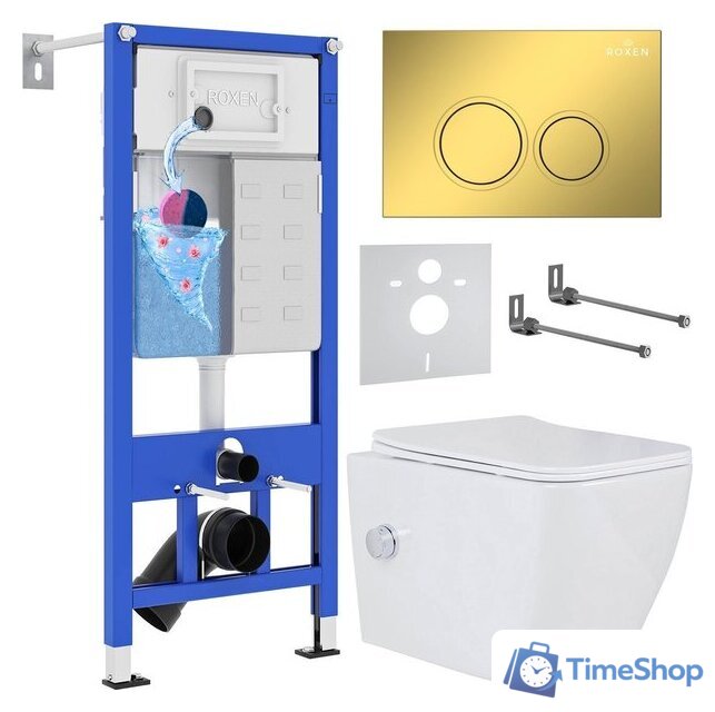 Унитаз подвесной Roxen Cube bidet в комплекте с инсталляцией StounFix Dual Fresh 6 в 1 968094 (кнопка: золото глянцевое ) - Изображение №1 — Интернет-магазин Time-Shop