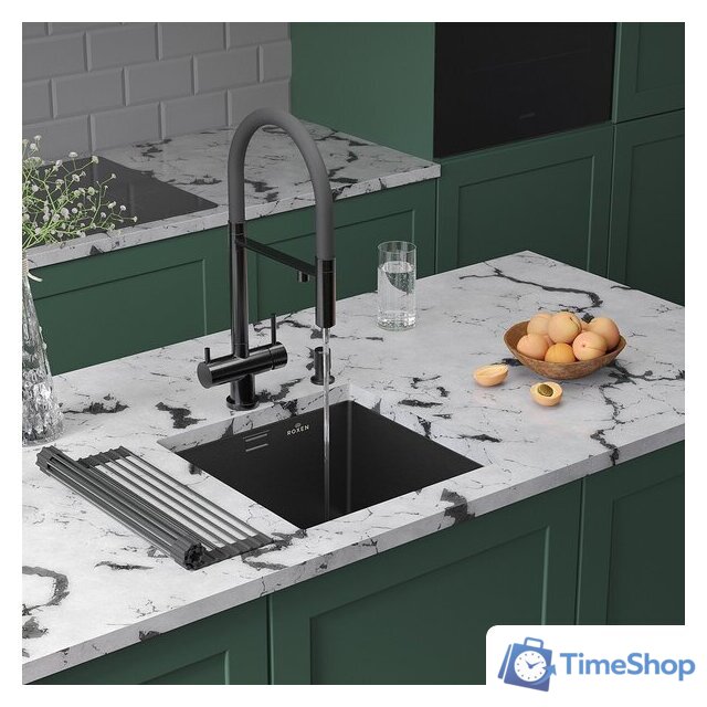 Кухонная мойка Roxen Uno 560210-44B (440*440) PVD графит под столешницу (с ролл-матом и дозатором) - Изображение №2 — Интернет-магазин Time-Shop