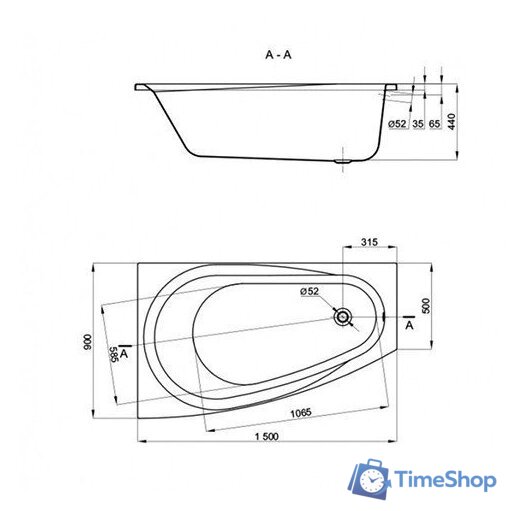 Ванна Alba Spa Baline Asymmetric 150x90 R (без ножек) - Изображение №2 — Интернет-магазин Time-Shop