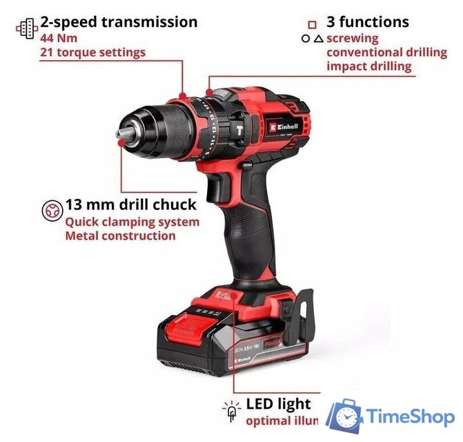 Ударная дрель-шуруповерт Einhell Te-Cd 18/44 Li-i 4514287 (с 1-м АКБ) - Изображение №8 — Интернет-магазин Time-Shop