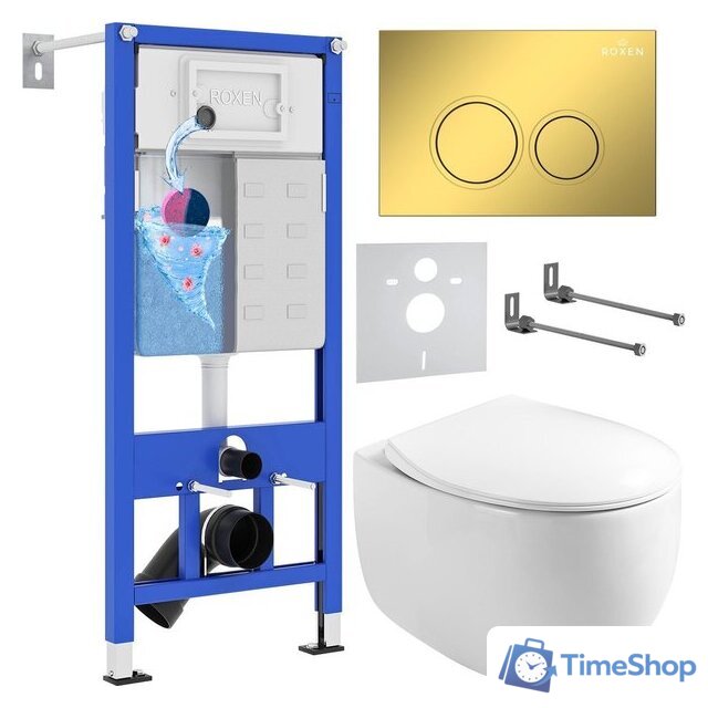 Унитаз подвесной Roxen Egg в комплекте с инсталляцией StounFix Dual Fresh 6 в 1 968031 (кнопка: золото глянцевое ) - Изображение №1 — Интернет-магазин Time-Shop
