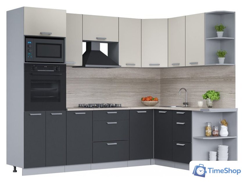 Готовая кухня Интерлиния Мила Лайт 1.68x2.6 правая (персидский жемчуг/антрацит/травертин серый) - Изображение №1 — Интернет-магазин Time-Shop