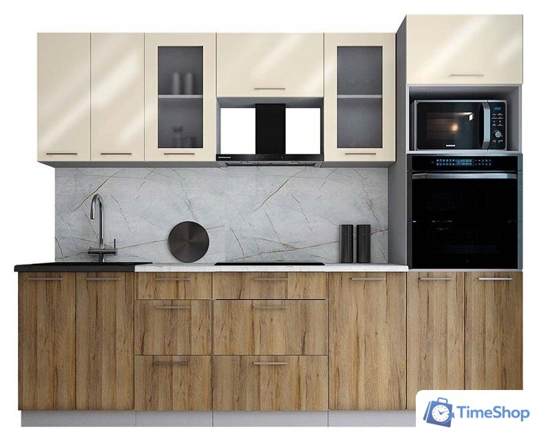 Готовая кухня Интерлиния Мила Gloss 2.6 (ваниль глянец/дуб вотан/травертин серый) - Изображение №1 — Интернет-магазин Time-Shop