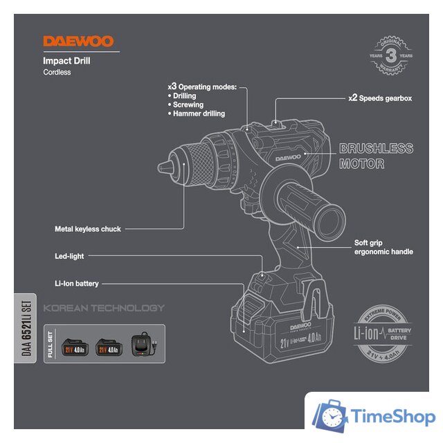 Ударная дрель-шуруповерт Daewoo Power DAA 6521Li Set (с 2-мя АКБ, кейс) - Изображение №3 — Интернет-магазин Time-Shop