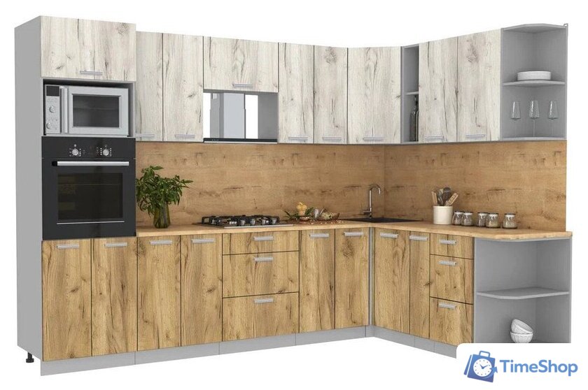 Готовая кухня Интерлиния Мила Лайт 1.88x3.0 правая (дуб белый/дуб золотой/дуб бунратти) - Изображение №1 — Интернет-магазин Time-Shop