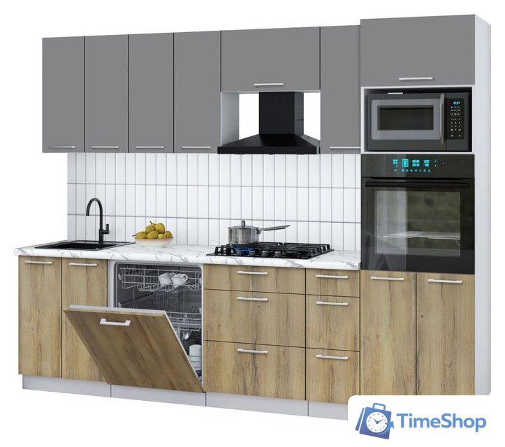 Готовая кухня Интерлиния Мила Gloss 2.7-ПМ1 (дуб вотан/серый/белый гранит) - Изображение №1 — Интернет-магазин Time-Shop
