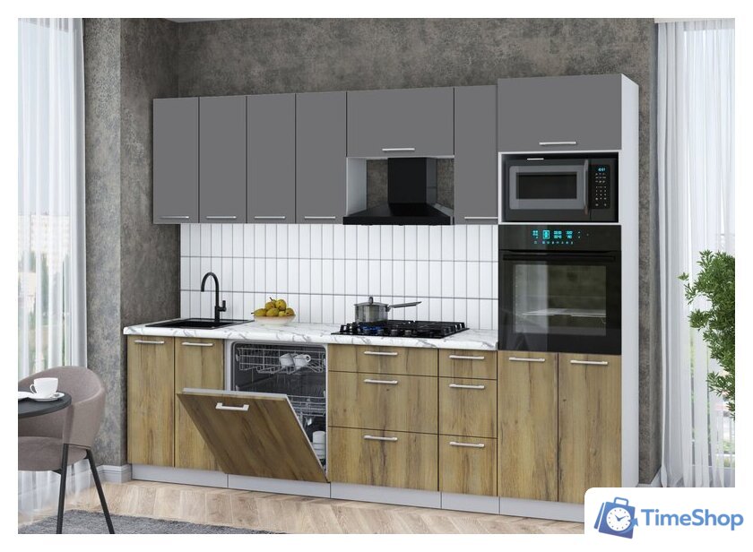 Готовая кухня Интерлиния Мила Gloss 2.7-ПМ1 (дуб вотан/серый/белый гранит) - Изображение №3 — Интернет-магазин Time-Shop