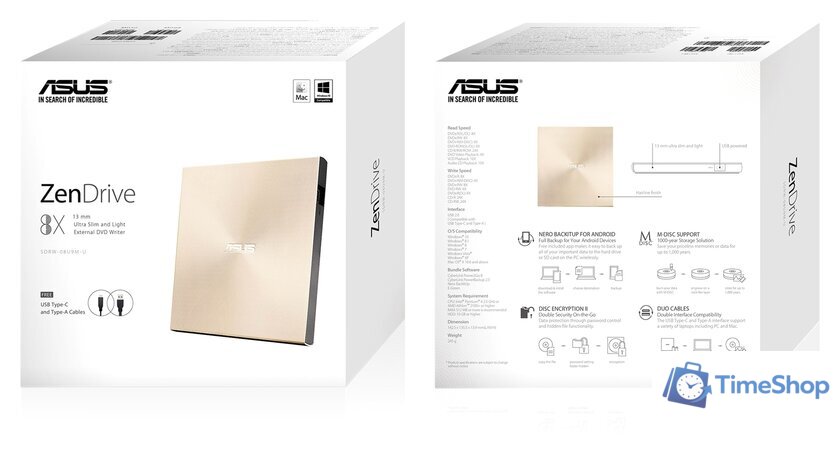 Оптический привод ASUS ZenDrive U9M SDRW-08U9M-U (золотистый) - Изображение №6 — Интернет-магазин Time-Shop