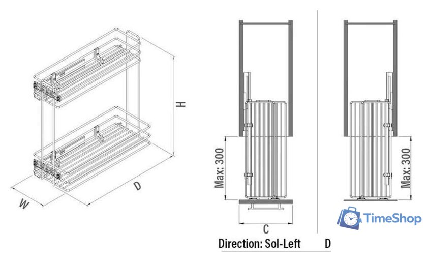 Корзина выдвижная Starax 200 S-2426-C (левое крепление, хром) - Изображение №3 — Интернет-магазин Time-Shop