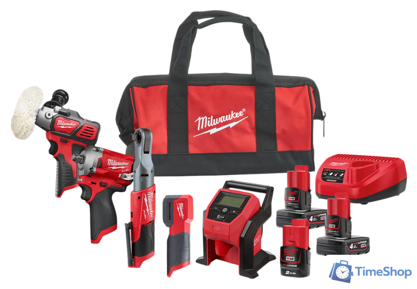  Milwaukee M12 FUEL M12FPP5A-423BEU (шлифмашина, гайковерт, трещотка, фонарь, компрессор, 3 АКБ, сумка) - Изображение №1 — Интернет-магазин Time-Shop
