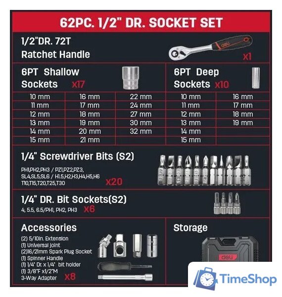 Универсальный набор инструментов Deli EDQ43062 (62 предмета) - Изображение №6 — Интернет-магазин Time-Shop
