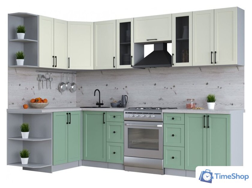 Готовая кухня Интерлиния Тренд 1.5x2.8 левая (мята/белый/бискайская сосна) - Изображение №1 — Интернет-магазин Time-Shop