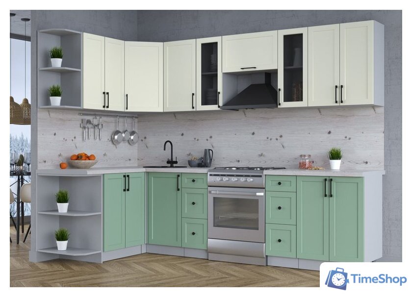 Готовая кухня Интерлиния Тренд 1.5x2.8 левая (мята/белый/бискайская сосна) - Изображение №2 — Интернет-магазин Time-Shop