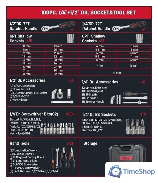 Универсальный набор инструментов Deli EDQ45100 (100 предметов) - Изображение №4 — Интернет-магазин Time-Shop