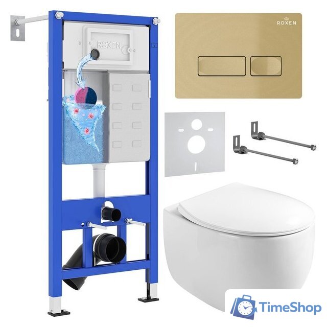 Унитаз подвесной Roxen Egg в комплекте с инсталляцией StounFix Dual Fresh 6 в 1 968085 (кнопка: брашированное золото) - Изображение №1 — Интернет-магазин Time-Shop