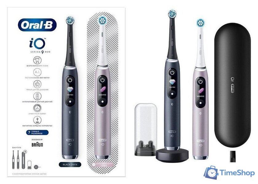 Комплект электрических зубных щеток Oral-B iO 9 DUO (черный оникс, розовый кварц) - Изображение №3 — Интернет-магазин Time-Shop