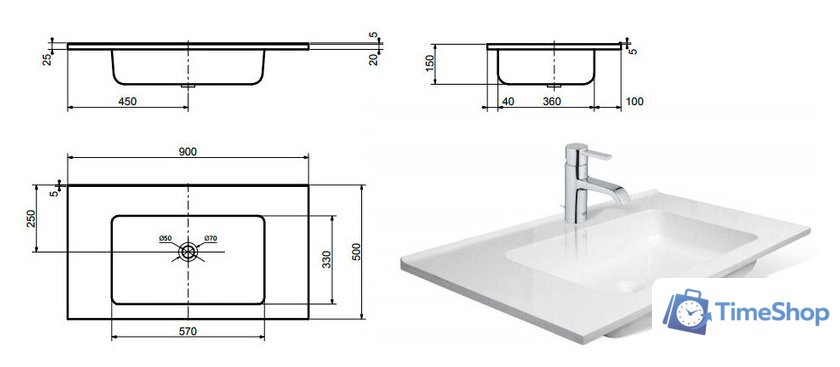 Умывальник Эстет Каре 90x50 (белый) 1-0003 - Изображение №6 — Интернет-магазин Time-Shop