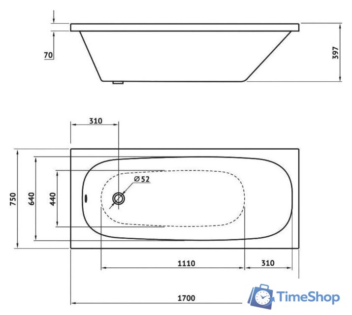 Ванна Berges Wasserhaus Nelu 170x75 050020 - Изображение №2 — Интернет-магазин Time-Shop
