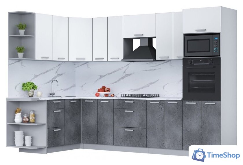 Готовая кухня Интерлиния Мила Лайт 1.68x3.0 левая (белый платинум/бетон портленд/белый гранит) - Изображение №1 — Интернет-магазин Time-Shop