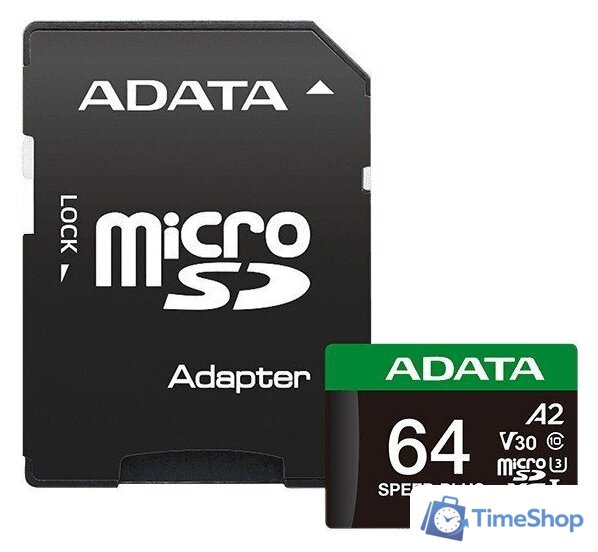 Карта памяти ADATA SPEED PLUS microSDXC 64GB UD64GUI3V30A2SP-RA1 (с адаптером) - Изображение №1 — Интернет-магазин Time-Shop