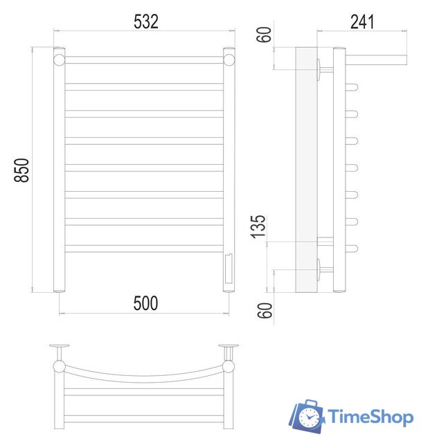 Полотенцесушитель TERMINUS Классик П8 500x850 с полкой нп электро (хром) - Изображение №2 — Интернет-магазин Time-Shop