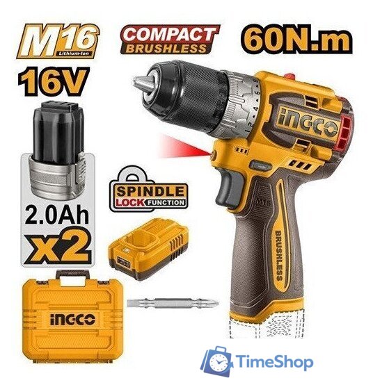 Дрель-шуруповерт Ingco CDLI16682 (с 2-мя АКБ, кейс) - Изображение №1 — Интернет-магазин Time-Shop