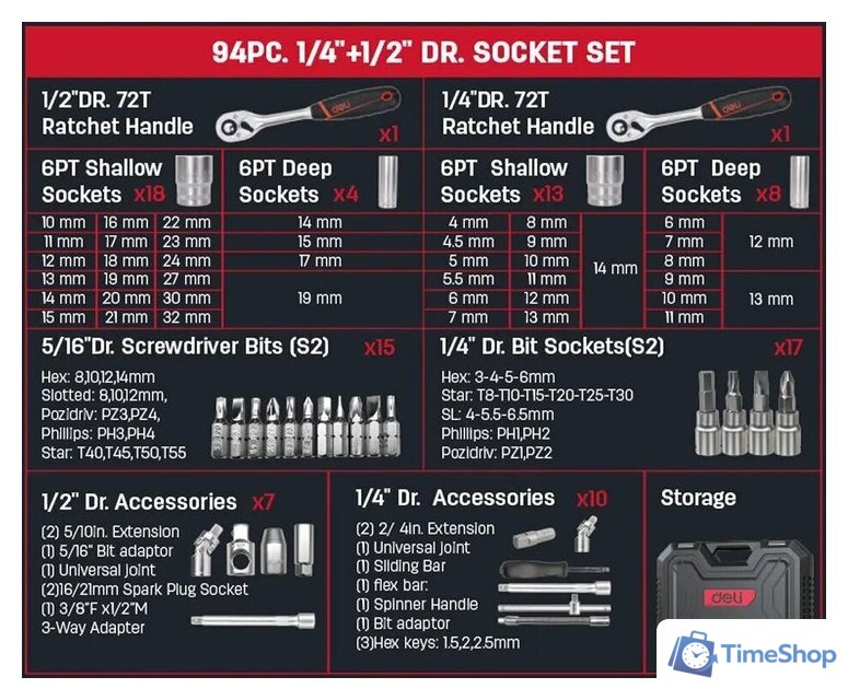 Универсальный набор инструментов Deli EDQ44094 (94 предмета) - Изображение №4 — Интернет-магазин Time-Shop