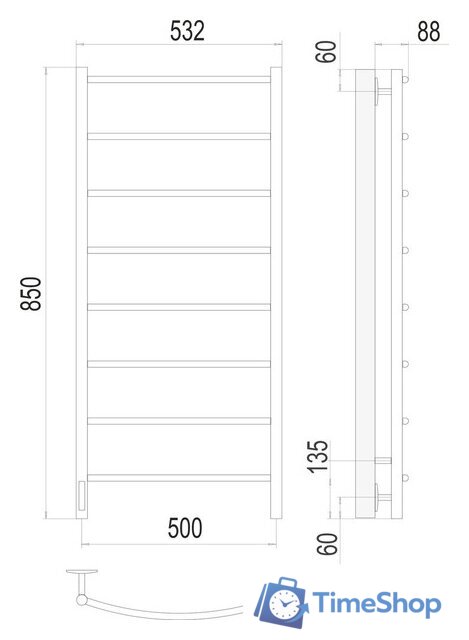 Полотенцесушитель TERMINUS Классик П8 500x850 бп электро (хром) - Изображение №2 — Интернет-магазин Time-Shop