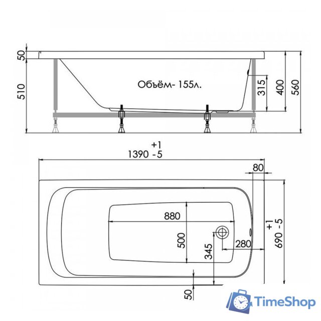 Ванна 1AcReal Gamma 140x70 (с каркасом) - Изображение №2 — Интернет-магазин Time-Shop