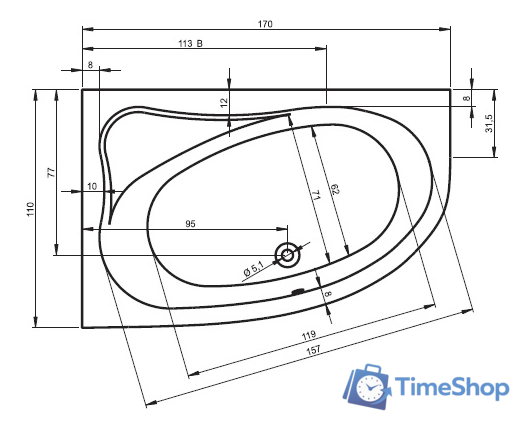 Ванна Riho Lyra 170x110 (левая, без ножек) - Изображение №2 — Интернет-магазин Time-Shop