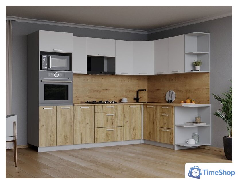 Готовая кухня Интерлиния Мила Лайт 1.68x2.6 правая (белый платинум/дуб золотой/дуб бунратти) - Изображение №5 — Интернет-магазин Time-Shop