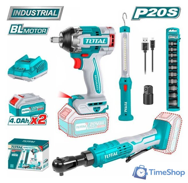  Total TOSLI240461 (гайковерт, трещотка, фонарь, 2 АКБ) - Изображение №1 — Интернет-магазин Time-Shop