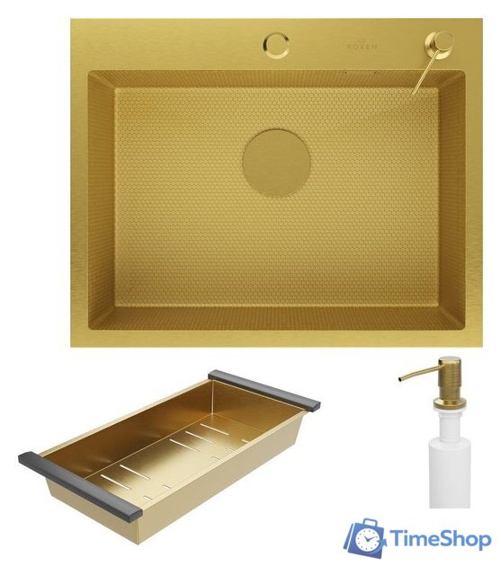 Кухонная мойка Roxen Snake 560220-60-GS PVD Gold золотая/текстурная (с коландером и дозатором) - Изображение №3 — Интернет-магазин Time-Shop