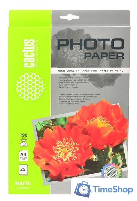 Фотобумага CACTUS Матовая A4 190 г/кв.м. 25 листов - Изображение №1 — Интернет-магазин Time-Shop